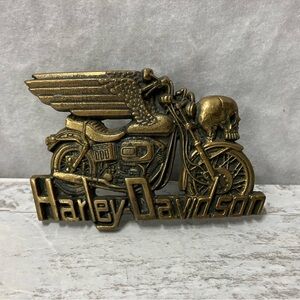 Vintage 1980 Harley Davidson Brass Belt Buckle Baron Skull Wings Bike Chain Belt